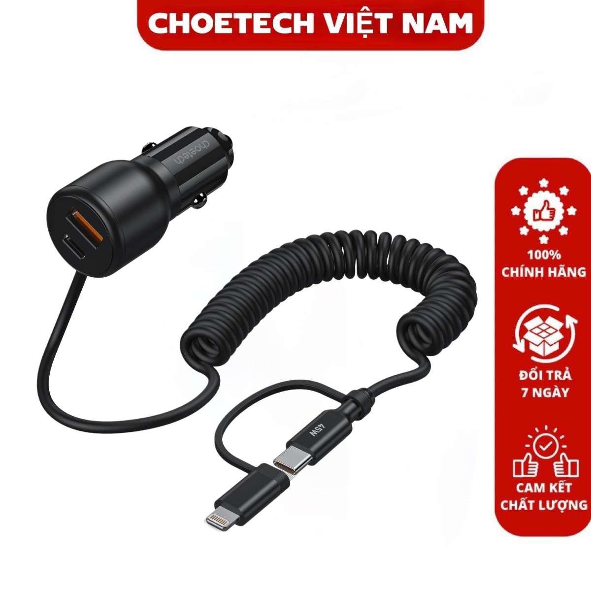 Tẩu sạc nhanh 2 cổng trên ô tô 110W Choetech TC0038 tích hợp cáp lò xo Type C kèm đầu nối Lightning (Hàng chính hãng)