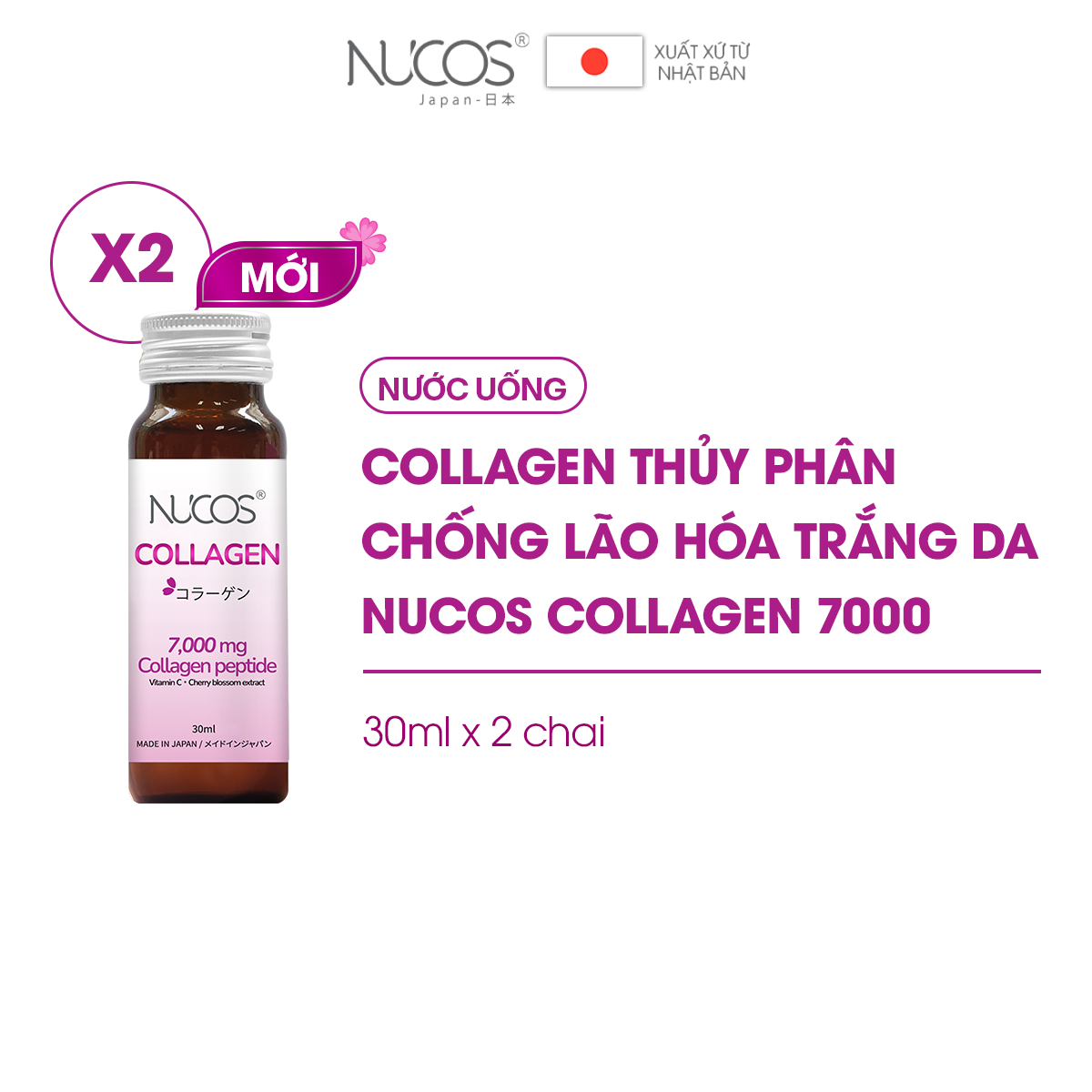 Collagen thủy phân chống lão hóa trắng da Nucos Collagen 7000 hộp 2 chai x 30 ml