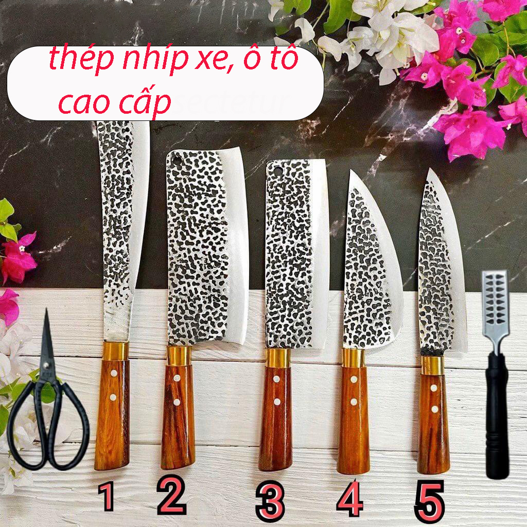 Dao,Bộ dao bếp,thép nhíp xe ô tô dập vân chống dính 2 mặt