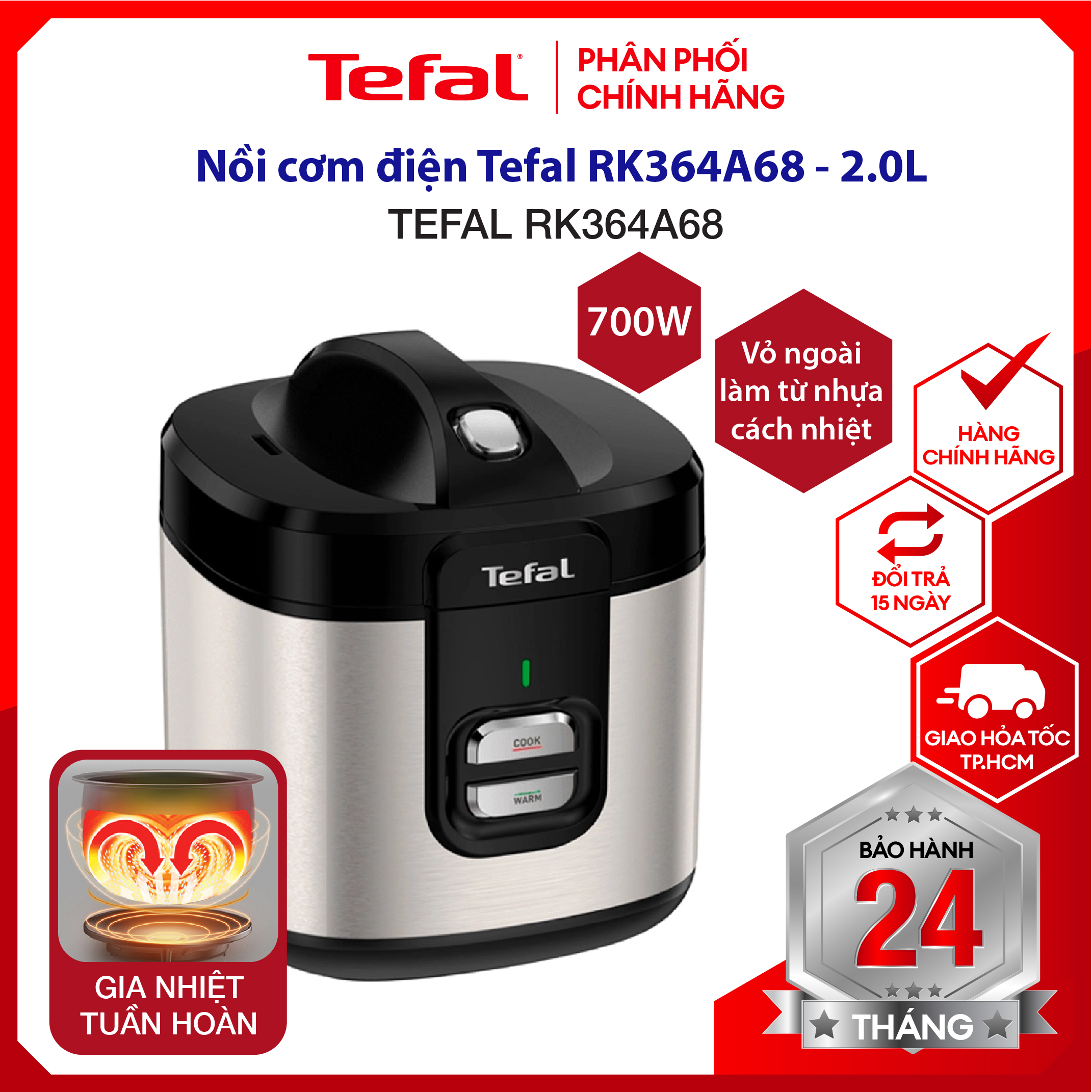 |HỎA TỐC 2H| Nồi cơm điện, nồi cơm Tefal RK364A68 - 2.0L, 700W - nhiệt tản đa chiều - lòng nồi phủ men vân đá -  hàng chính hãng bảo hành 2 năm
