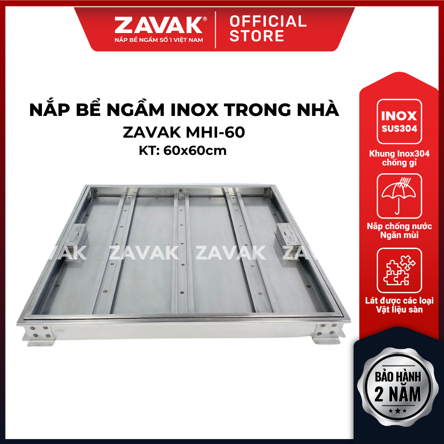 Nắp bể nước ngầm ZAVAK MHI-60 dùng trong nhà (60x60cm) lát gạch, chịu tải tối đa 0.25 tấn, inox 304