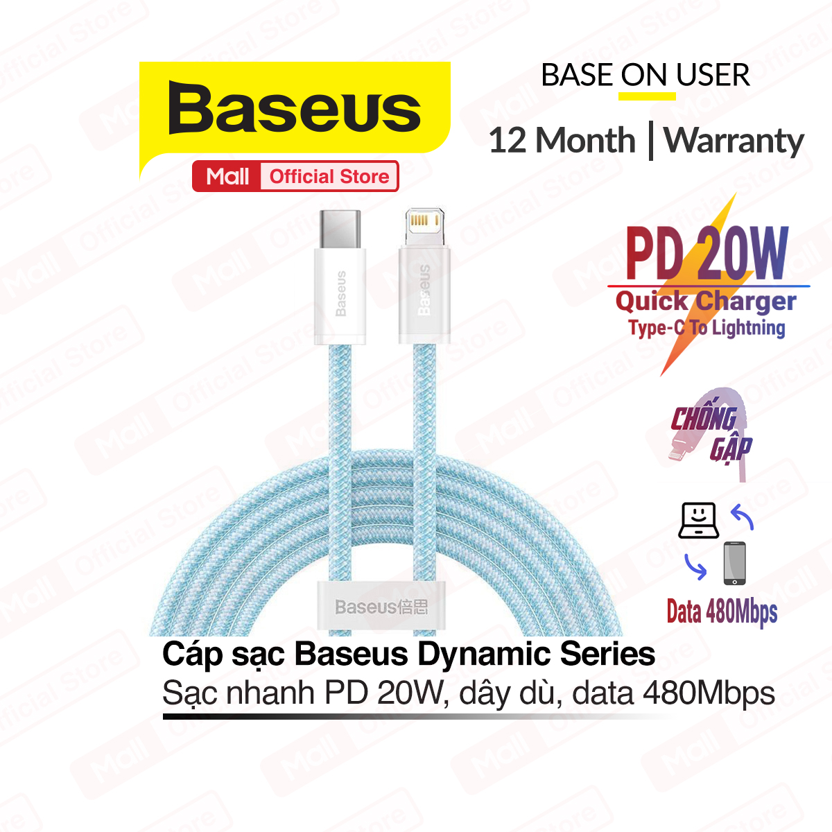 Cáp sạc nhanh Baseus Dynamic Series PD 20W Type-C to Lightning dành cho iPhone iPad data 480Mbps dây bọc dù chống đứt dài 1m 2m