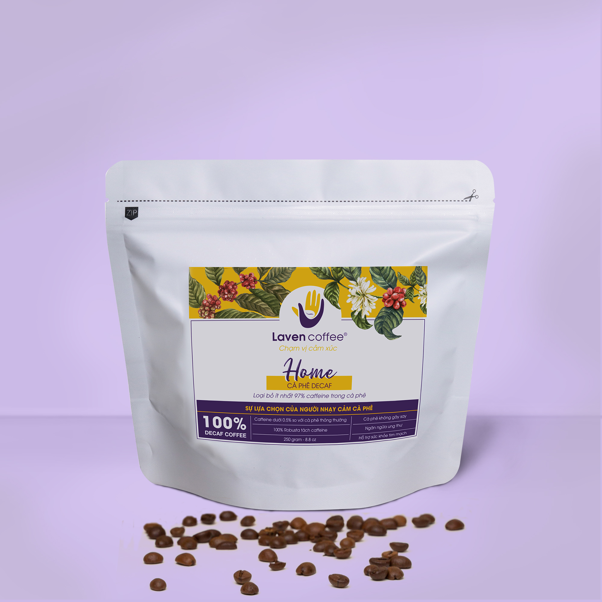 Cà phê nguyên chất Decaf HOME cao cấp tách Caffeine 250gr - Laven Coffee Không Gây Say, Khó Chịu, Mất Ngủ