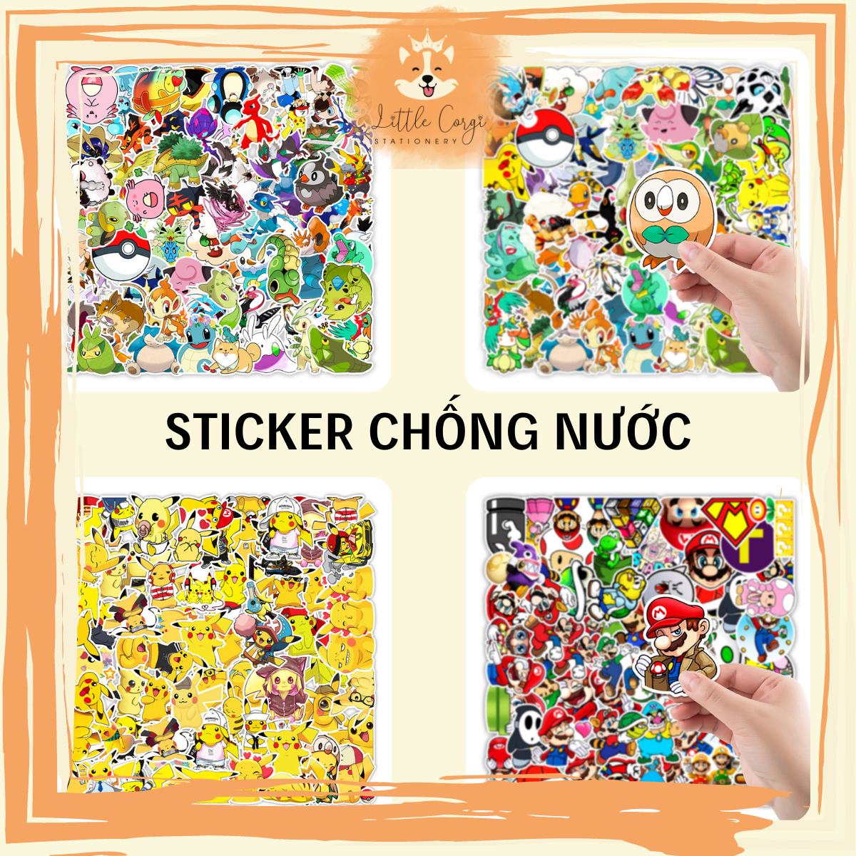 Set 20/50 sticker hình dán Pokemon, Pikachu, Mario chống nước dán sổ tay, mũ bảo hiểm, xe máy, bình nước, vali, ván trượt