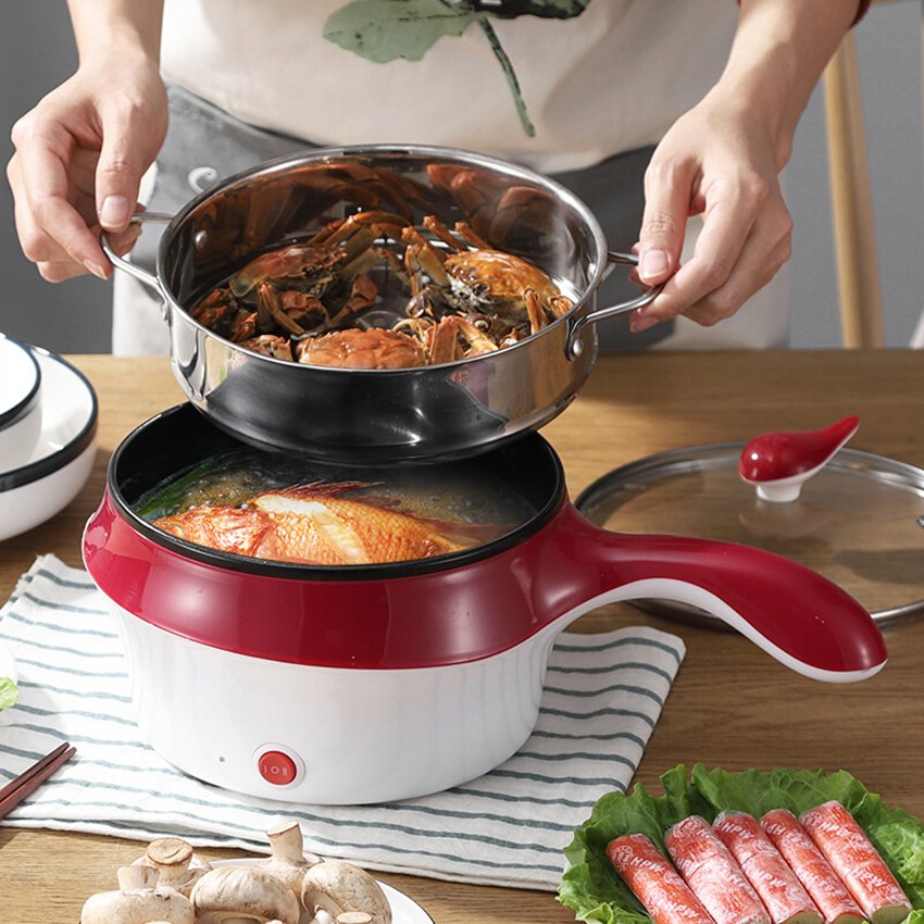 Nồi Lẩu Mini Đa Năng Điện 2 Tầng 1 Nấc Nhiệt Chống Dính Kèm Xửng Hấp Nướng Tiện Dụng 2 Ngăn 18cm