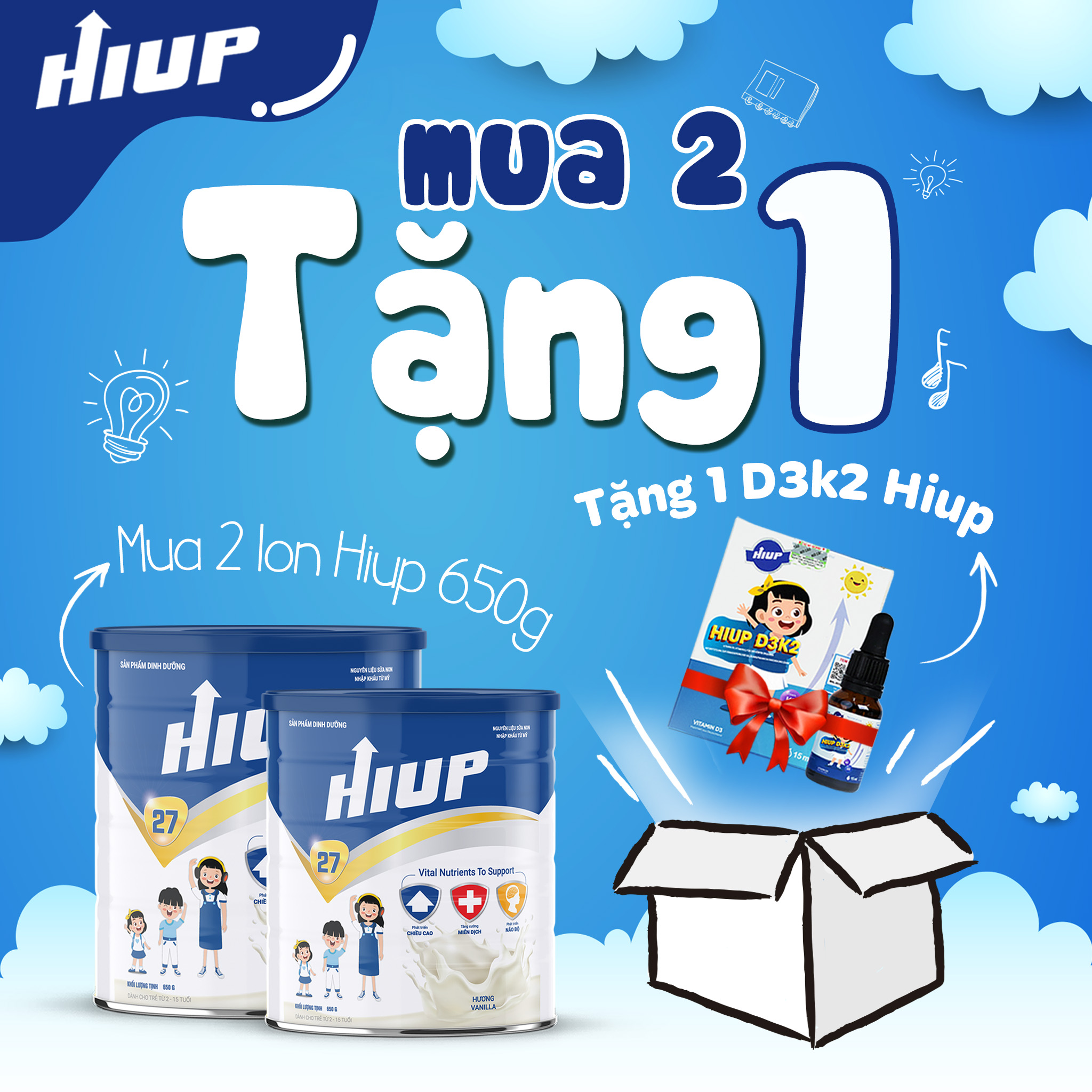 Hộp sữa bột hiup, sữa tăng chiều cao cho bé từ 2 - 15 tuổi, bổ sung dha, canxi và tăng cường đề kháng cho trẻ - not vat