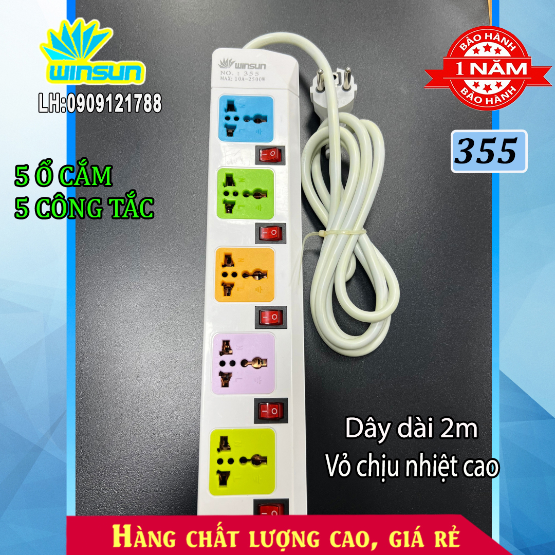 Ổ cắm điện đa năng, ổ cắm 5 công tắc, 5 ổ cắm dài 2 mét 355 Winsun