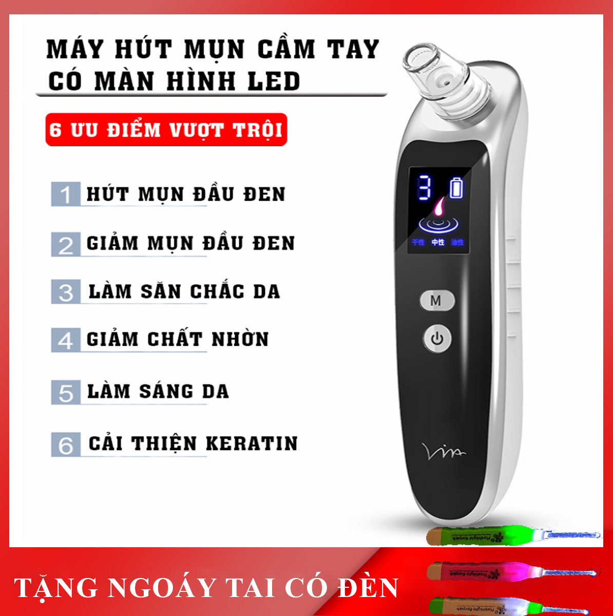 Máy hút mụn cao cấp tích hợp màn hình LED với 3 chế độ và 6 đầu hút chuyên dụng, cổng sạc USB tiện lợi, chuyên hút mụn đầu đen, đầu trắng, mụn trứng cá, mụn ngứa, mụn cám nhỏ ( Bảo hành 1 năm lỗi 1 đổi 1trong 7 ngày )