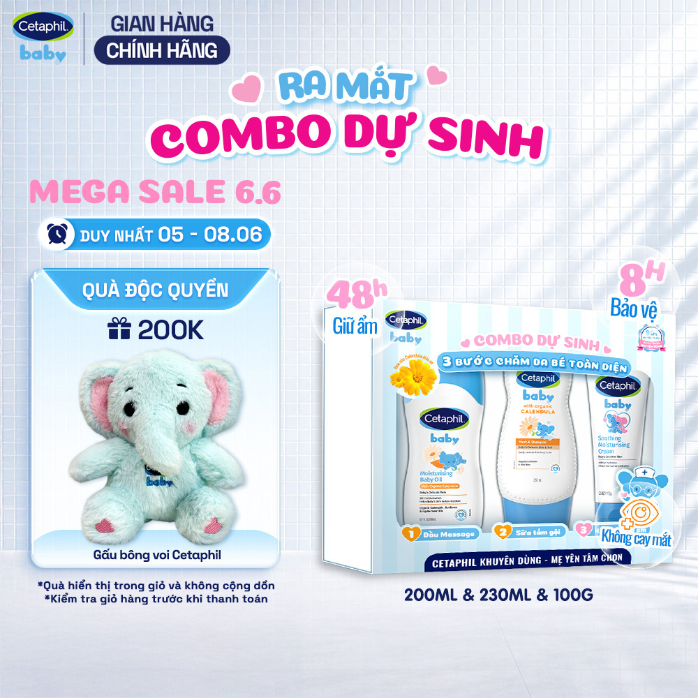 Combo dự sinh 3 bước chăm sóc da bé toàn diện Dầu Massage 200ML + Sữa tắm gội 230ML + Kem dưỡng ẩm 100G Cetaphil Baby