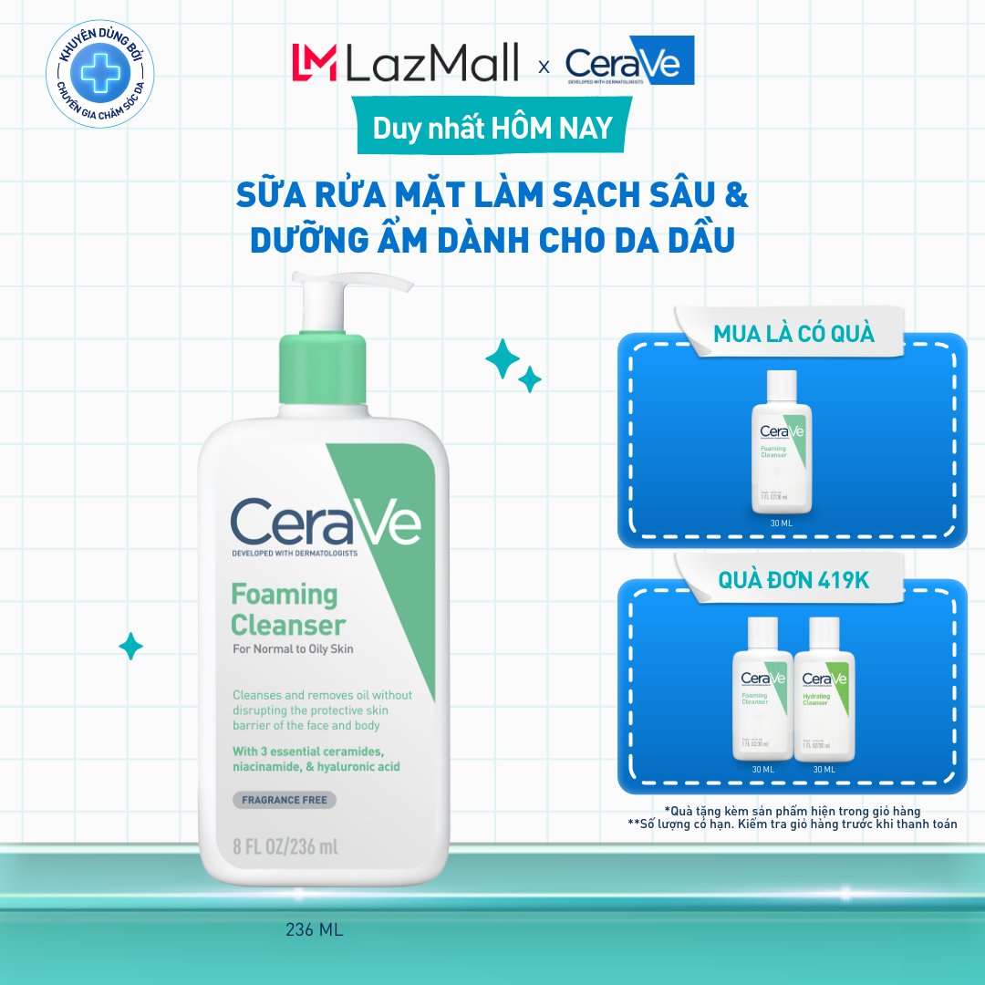 Sữa rửa mặt foaming giúp làm sạch sâu và dưỡng ẩm dịu nhẹ dành cho da dầu - CeraVe Foaming Facial Cleanser 236ML