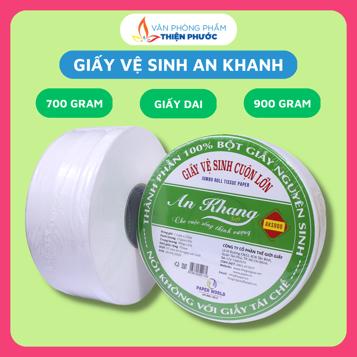 Giấy vệ sinh cuộn lớn an khang 900g - giấy cuộn công nghiệp 2 lớp thiện phước