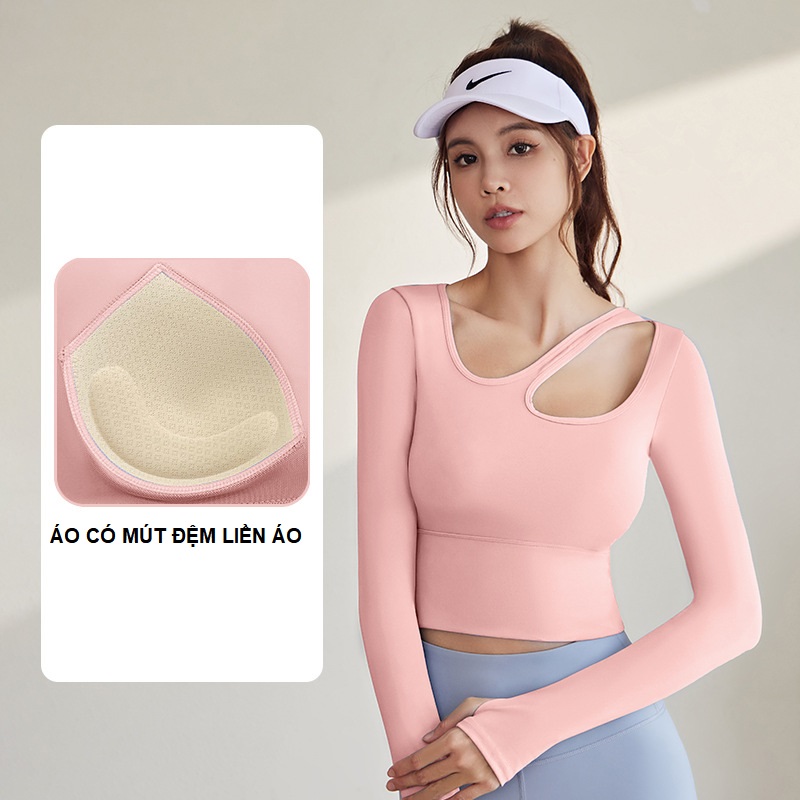 Áo tập gym yoga nữ có mút đệm dài tay croptop xỏ ngón cao cấp, Áo thể thao hot