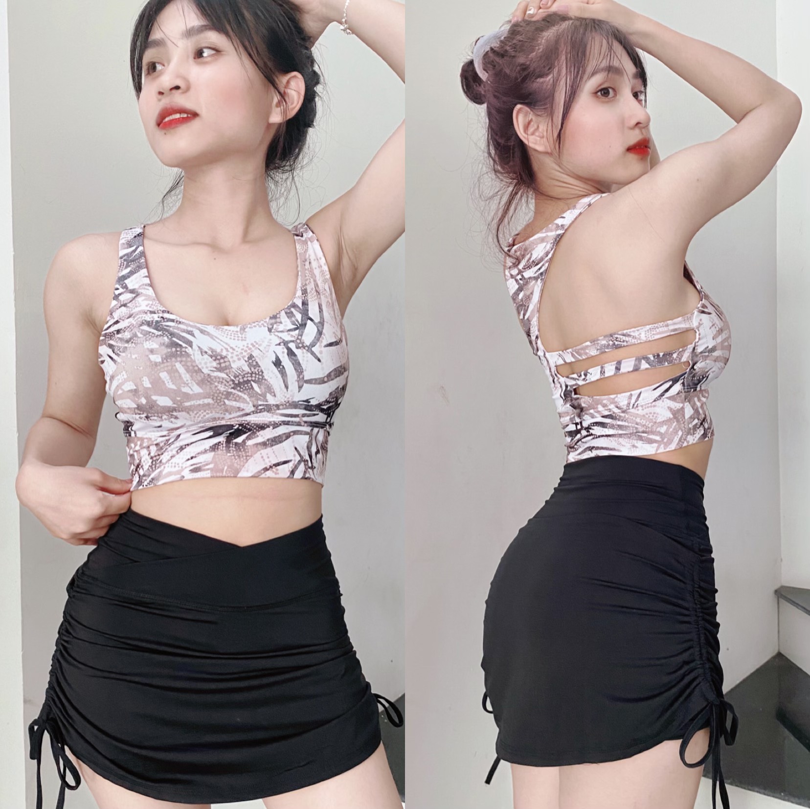 OUTLET - Bộ Đồ Thể Thao Nữ Áo Bra Bông Quần Váy Rút Tập Gym Yoga Aerobic Cao Cấp