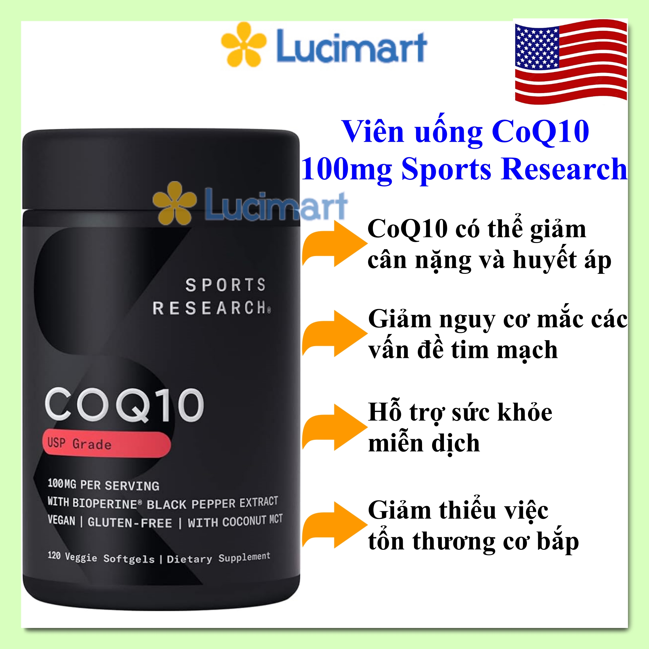 Viên uống CoQ10 100mg Sports Research hũ 120 viên [Hàng Mỹ hạn dùng 2026]