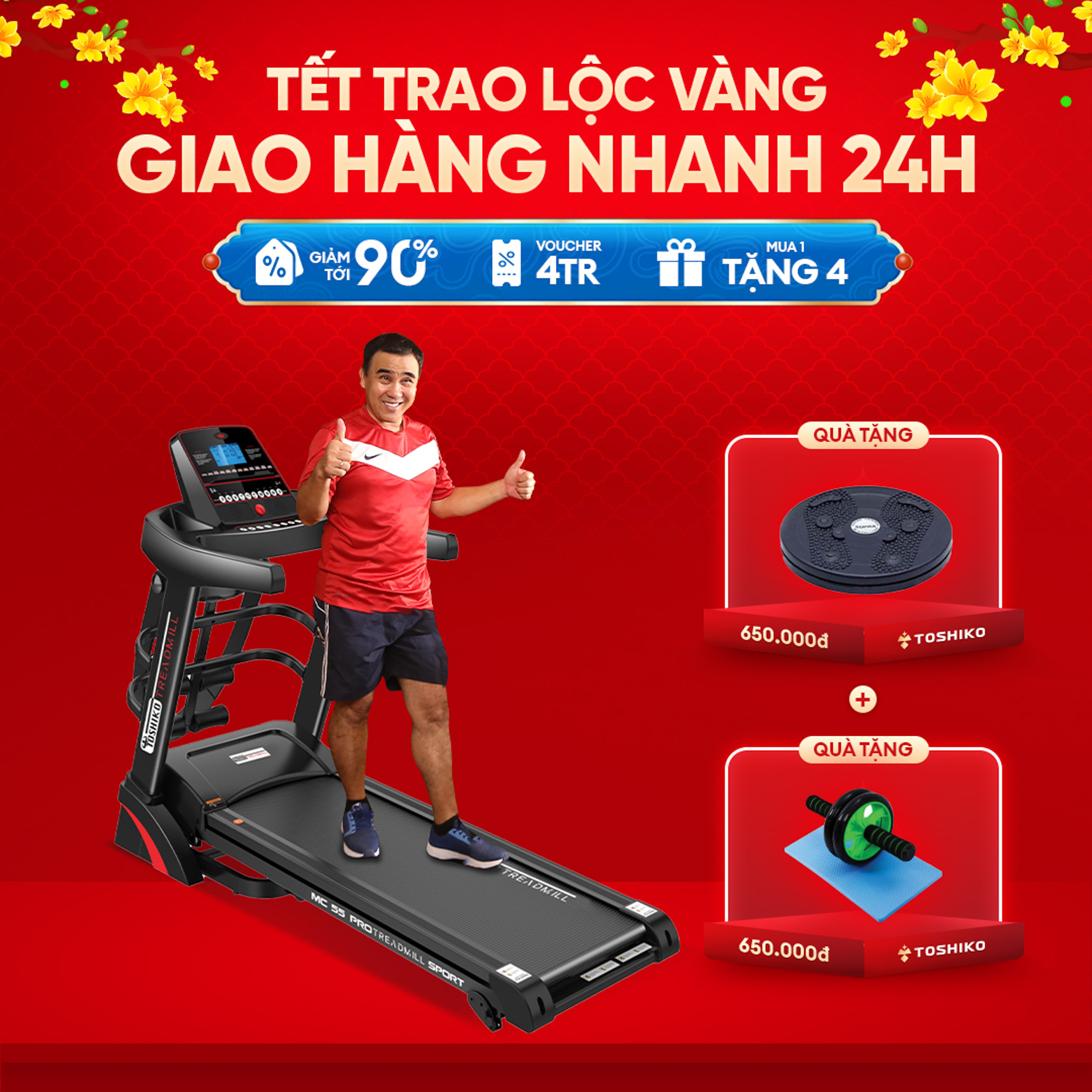 Máy chạy bộ đa năng tại nhà Toshiko MC55 Pro, chức năng nâng dốc tự động tới 26cm theo nhu cầu, kèm theo đai massage và thanh gập bụng, đồng hồ hiển thị thông số nhịp tim, calo tiêu thụ