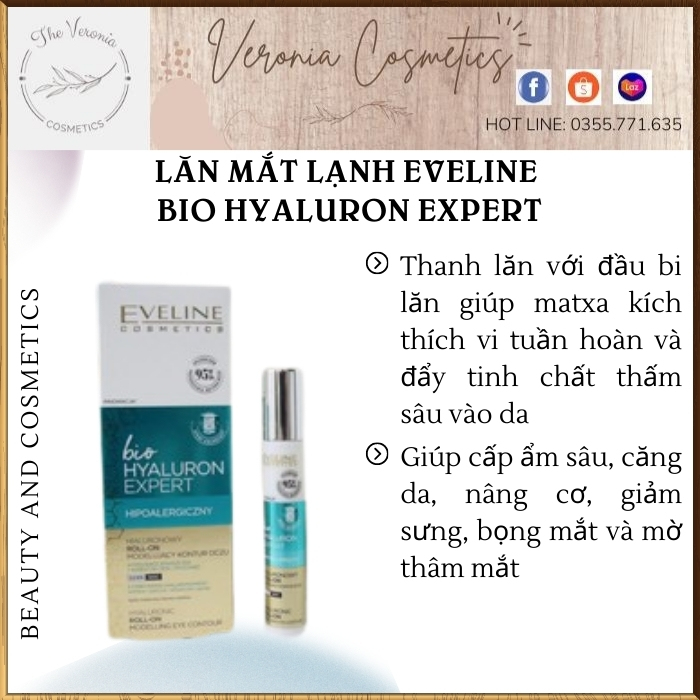 Lăn mắt lạnh Eveline Bio Hyaluron Expert giúp xóa nhăn, nâng cơ, giảm bọng mắt và mờ thâm mắt