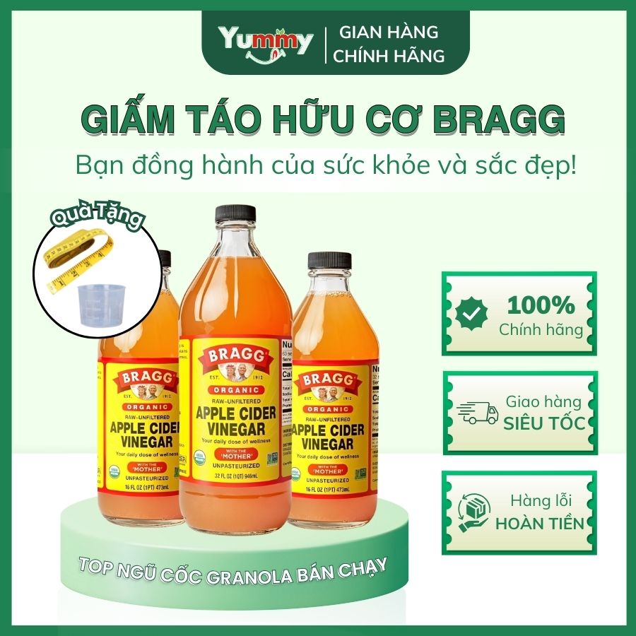 Giấm Táo Hữu Cơ Bragg Organic Mỹ 473ml, 946ml – Có Giấm Cái Hỗ Trợ Giảm Cân, Detox Cơ Thể