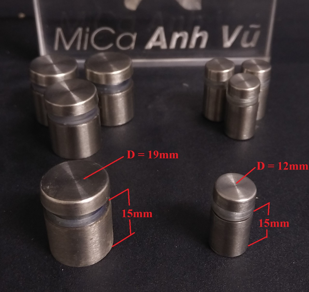 Bộ 4 ốc trụ kính inox kèm vít nở gắn khung treo tường, cỡ 19mm