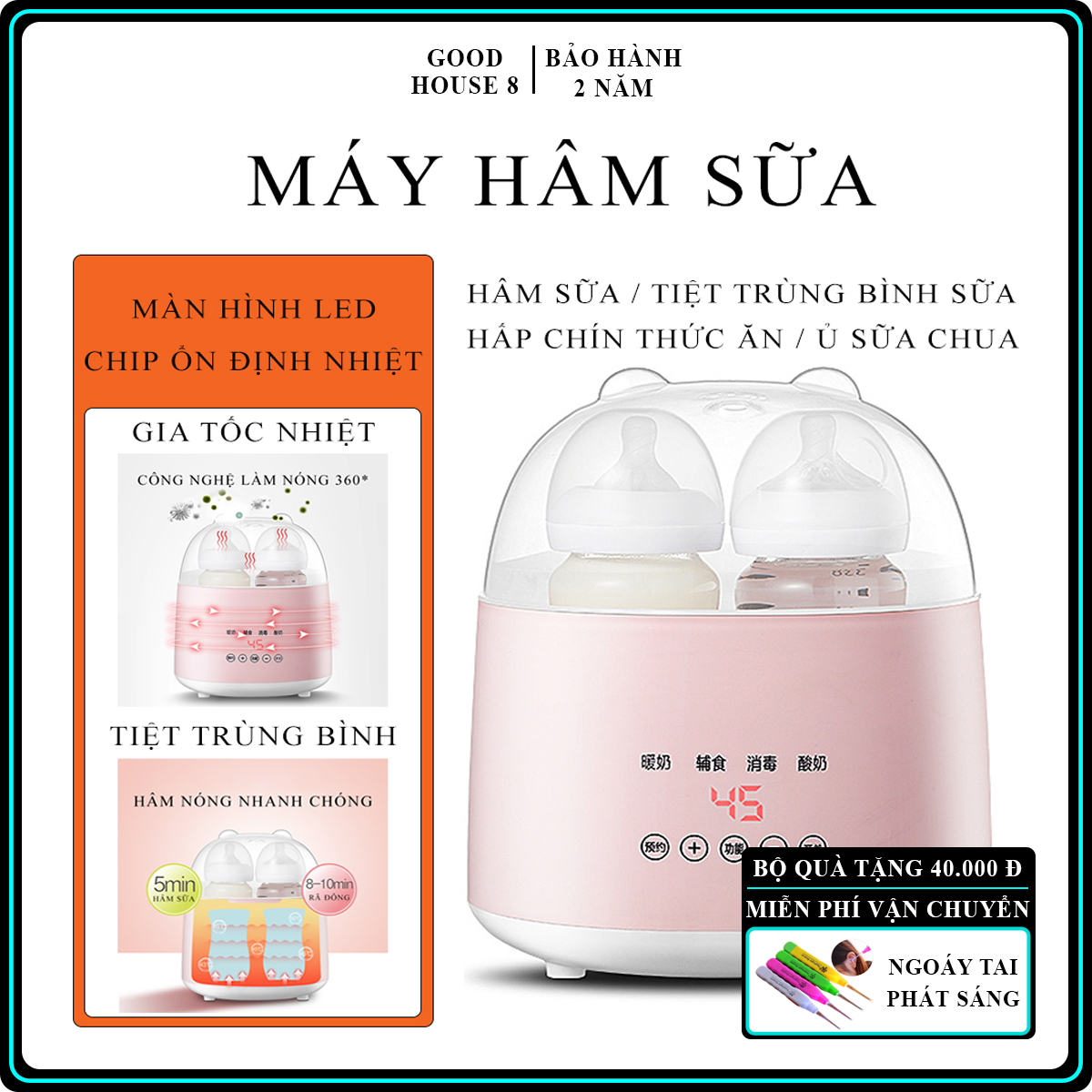 Máy hâm sữa và tiệt trùng bình sữa sử dụng màn hình cảm ứng cùng lúc 2 bình với 4 chức năng: Tiệt trùng, hâm sữa, hâm thức ăn, luộc trứng
