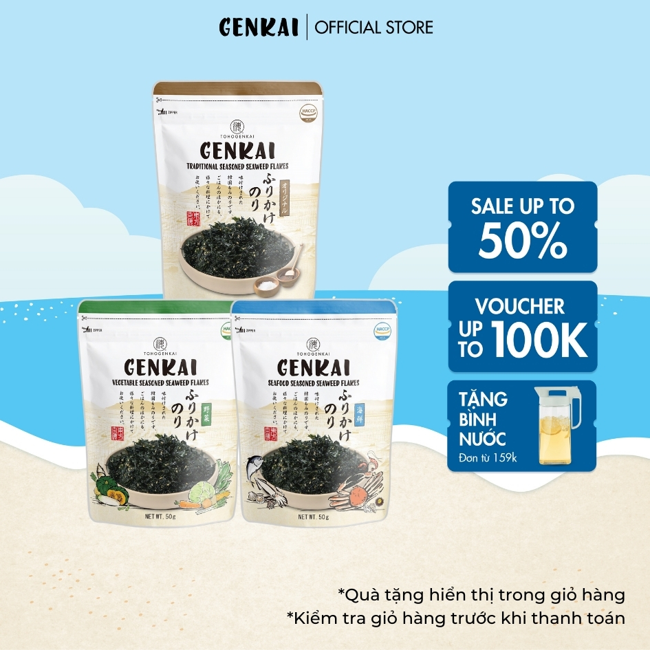 3 gói rong biển trộn cơm genkai - truyền thống 40g - rau củ 50g - hải sản 50g
