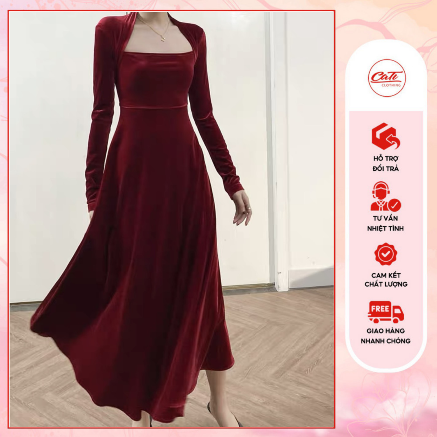 CATI Đầm nhung cổ vuông