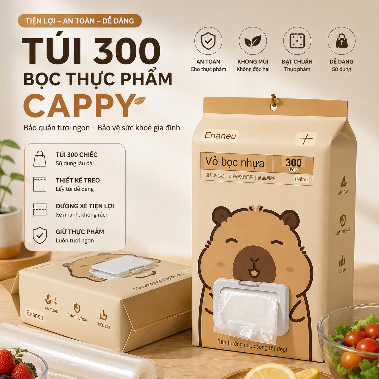 Túi 300 Màng bọc thực phẩm thế hệ mới dạng rút size 38cm CAPPY - Túi bọc thực phẩm PE siêu dai có nắp đậy kín