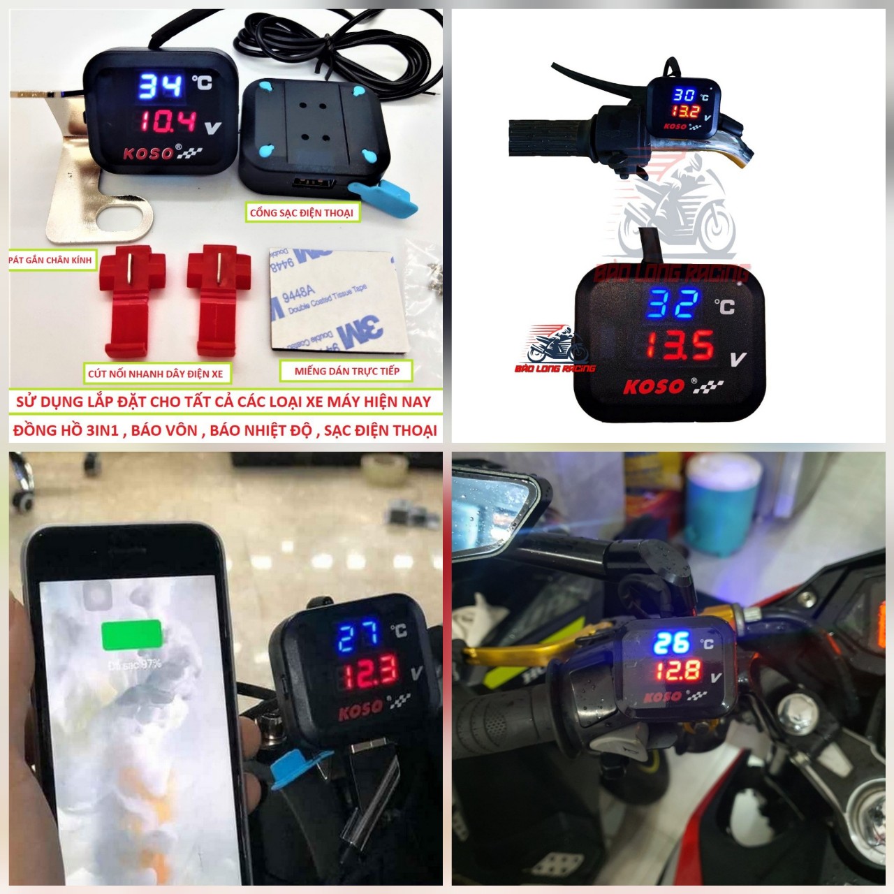 ĐỒNG HỒ KOSO 3IN1 XE MÁY BÁO VÔN , BÁO NHIỆT ĐỘ , SẠC ĐIỆN THOẠI MẪU MỚI , ĐỒNG HỒ BÁO VÔN XE MÁY ĐA NĂNG
