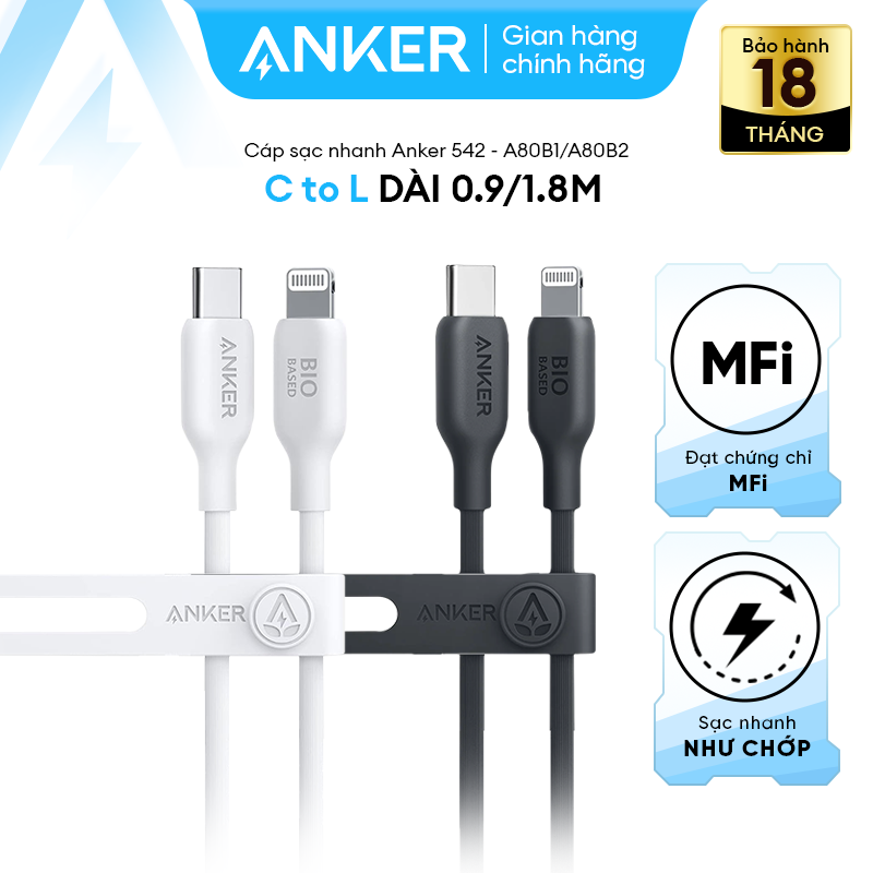  Cáp sạc nhanh Anker 542 BioBased USB-C to Lightning | Dành cho series iPhone 14 13 12 11 X series | Đạt chứng nhận MFi bới Apple | Chất liệu cáp thân thiện với môi trường - A80B1 A80B2 