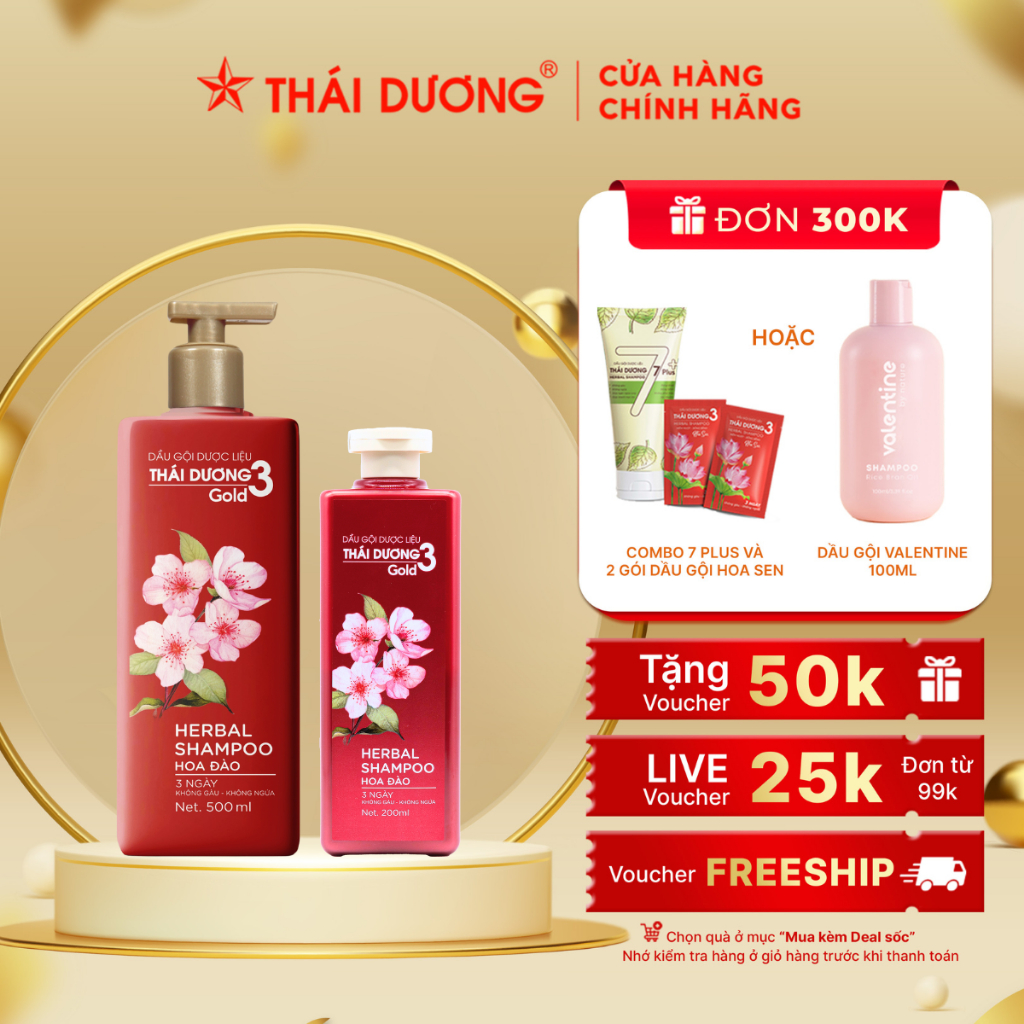 Dầu gội dược liệu thái dương 3 gold hương hoa đào 200ml/500ml - sao thái dương