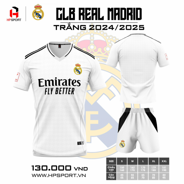 Bộ quần áo bóng đá Real Madrid sân nhà màu trắng vải thun lạnh cao cấp 2024-25