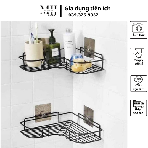 Kệ góc, kệ tam giác để đồ phòng tắm, phòng bếp dán tường màu đen siêu chắc.