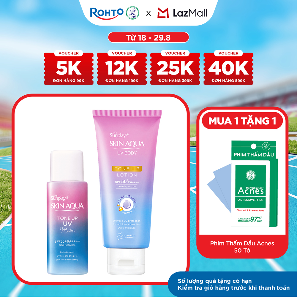[VB] Bộ đôi chống nắng - nâng tông toàn diện cho mặt và cơ thể Sunplay Skin Aqua Tone Up (Kem chống nắng dạng sữa cho da dầu, da hỗn hợp 50g + Lotion chống nắng nâng tông 130g)