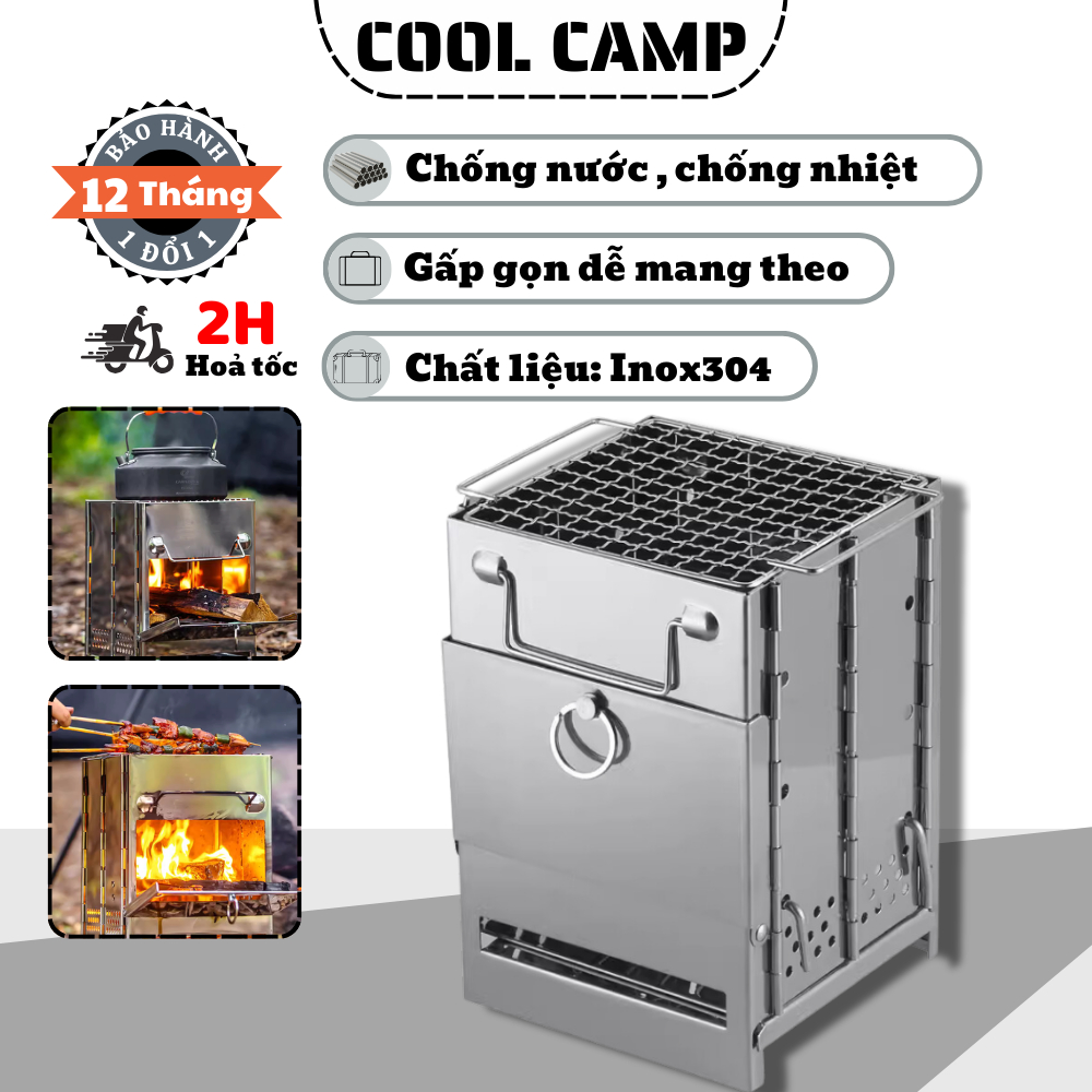 Bếp củi, bếp than, bếp lò thép không gỉ đun củi than nướng xếp gấp gọn cắm trại – coolcamping store