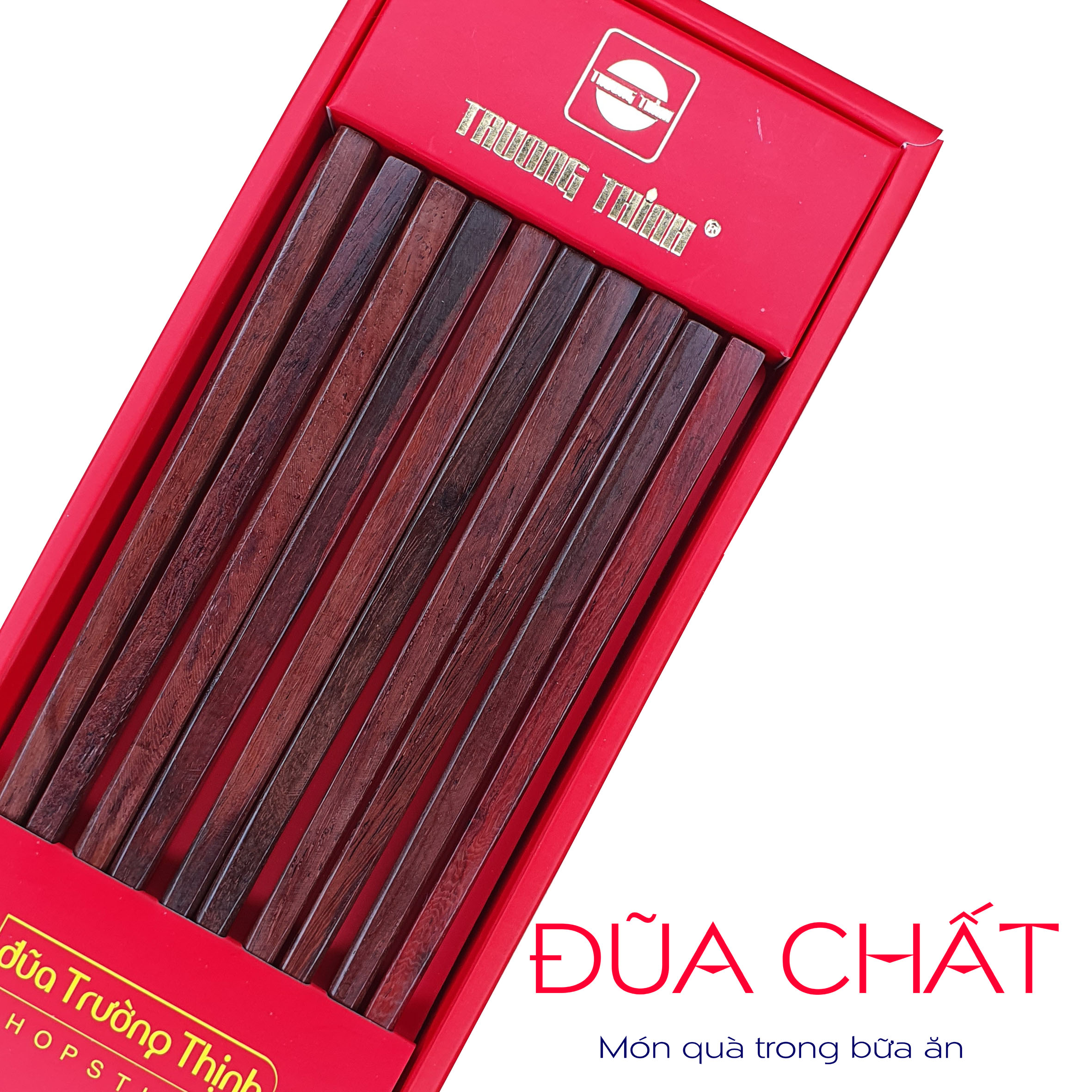 Đũa dùng ăn 100% gỗ trắc thương hiệu trường thịnh - hộp màu đỏ - 10 đôi trơn vuông.