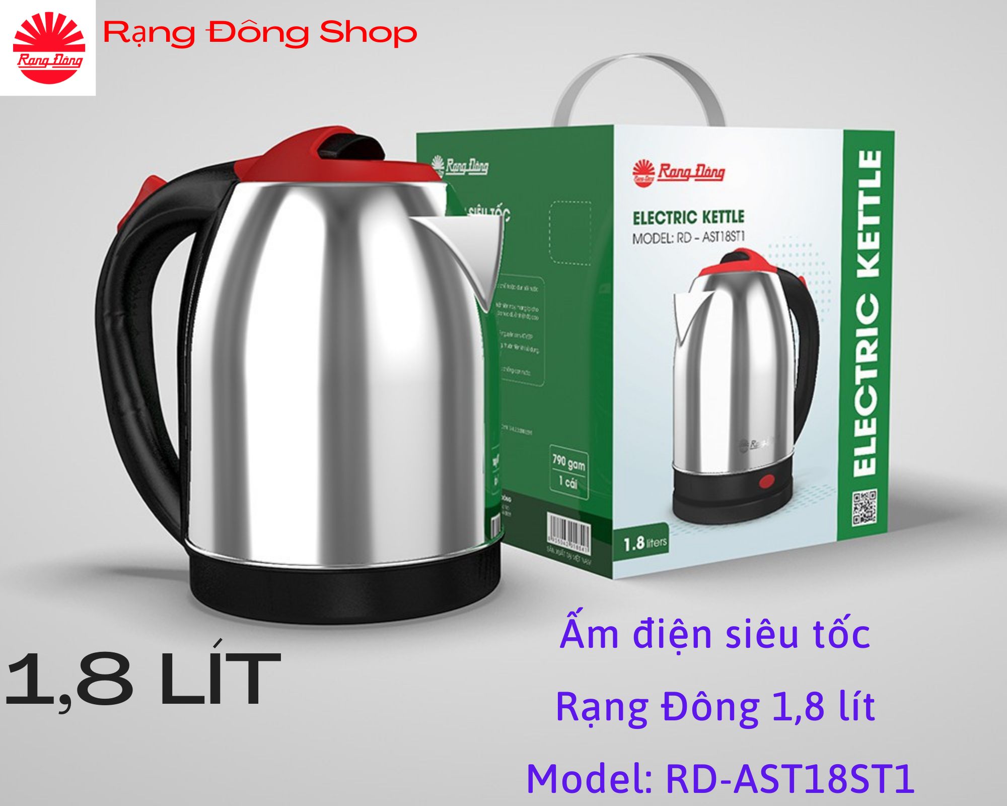 Ấm điện siêu tốc chất liệu inox 304 cao cấp rạng đông 1,8 lít ast18st1