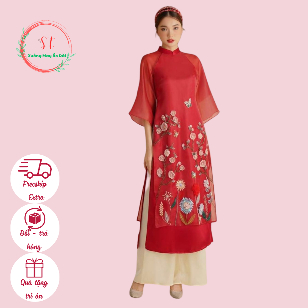 Áo dài cách tân nữ Hoa Đào Đỏ chất liệu organza chuẩn form thiết kế 4 tà cao cấp có BIGSIZE - Áo dài ST - ST09