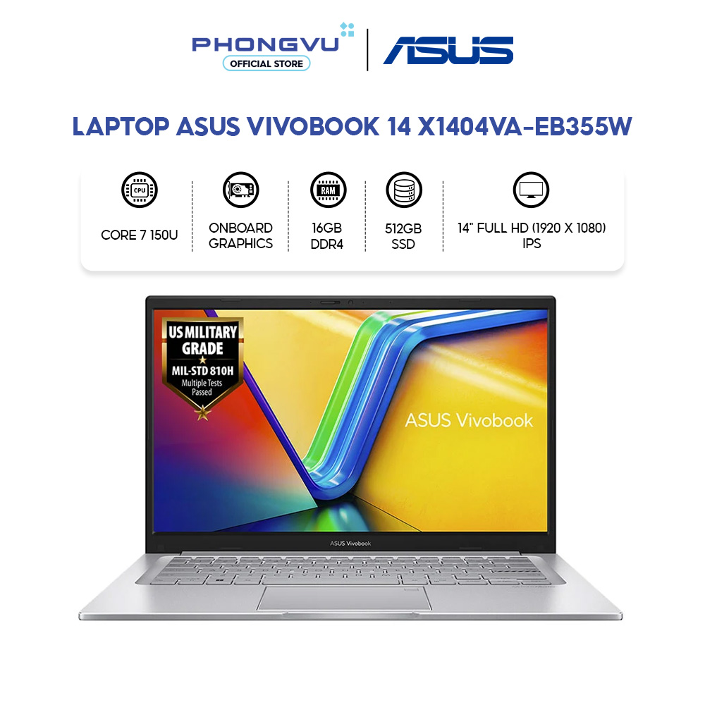 Laptop Asus Vivobook 14 X1404Va-Eb355W (Core 7 150U/ 16Gb/ 512Gb/ Win 11 Home) - 24-Month Warranty Giá 24,190,000 Đồng*Miễn phí vận chuyển