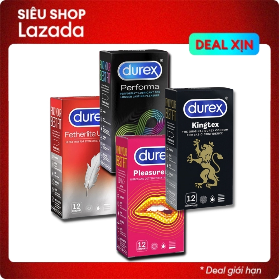 (4 hộp) bao cao su durex pleasuremax gân gai + performa kéo dài  + kingtex size cỡ nhỏ + fetherlite ultima siêu mỏng