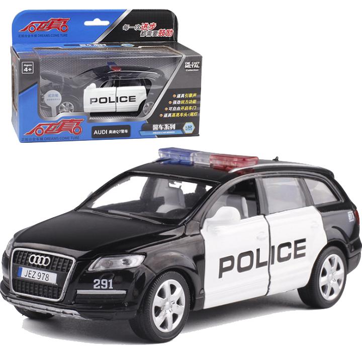 Quà tặng đồ chơi trẻ em xe Ô tô cảnh sát mô hình Audi Q7 bằng sắt có âm thanh và đèn mở cửa