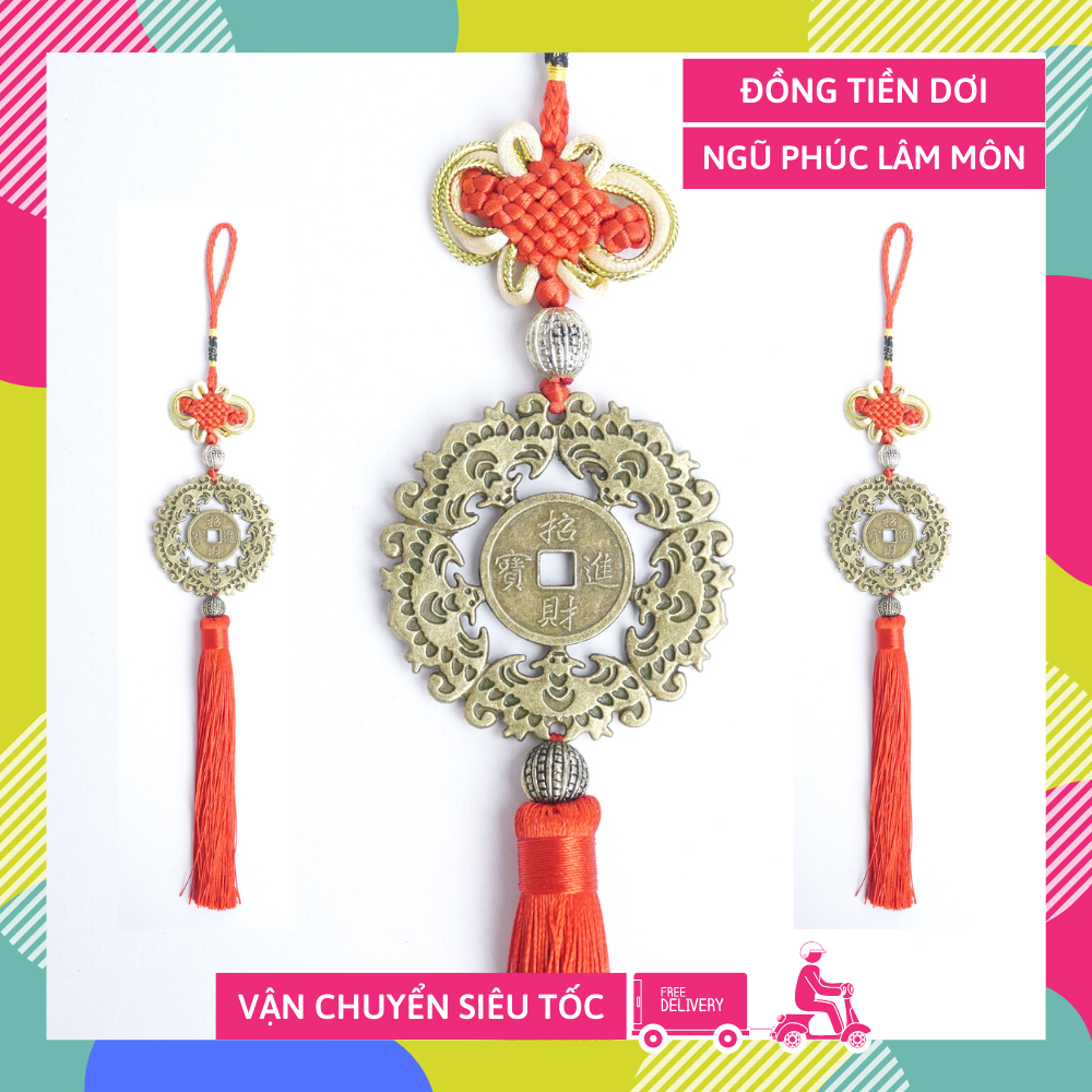 Dây treo đồng xu Ngũ Phúc Lâm Môn treo cửa nhà treo xe tài lộc may mắn bình an