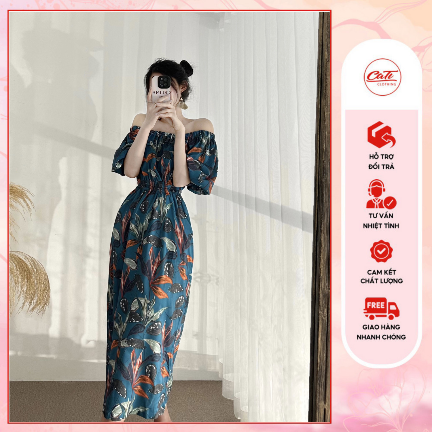 CATI Váy hoa lụa bẹt vai sang chảnh hothit