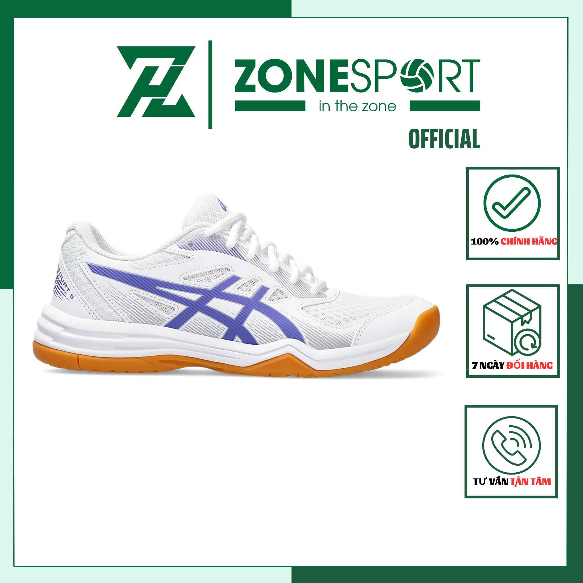 Giày Nữ Asics Upcourt 5 Trắng Viền Tím - Giày Bóng Chuyền, Cầu Lông, Tennis cổ thấp lưới thoáng khí