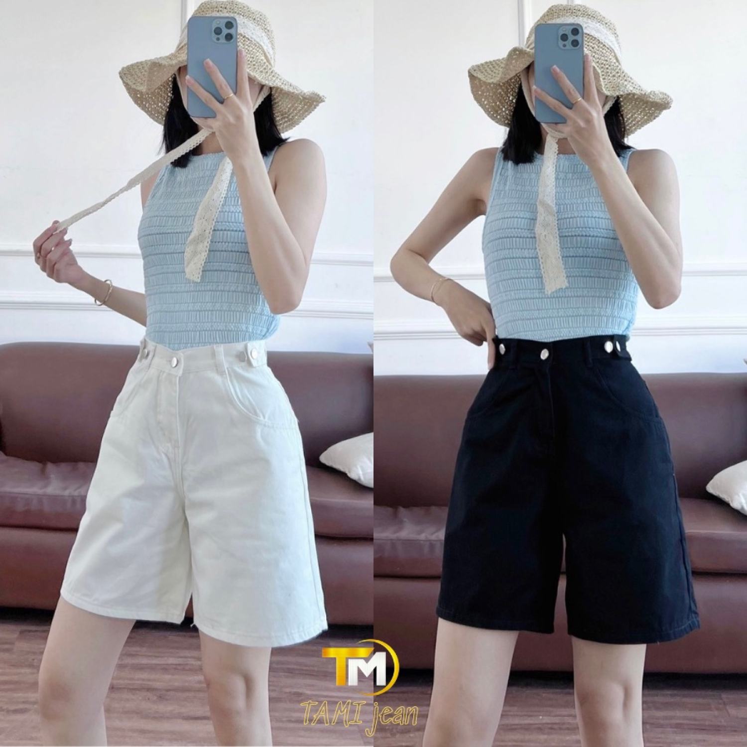 Quần đùi kaki lưng chun nữ, quần short kaki nữ lưng chun có 5 nút chỉnh eo 2 màu trắng đen hot 2022