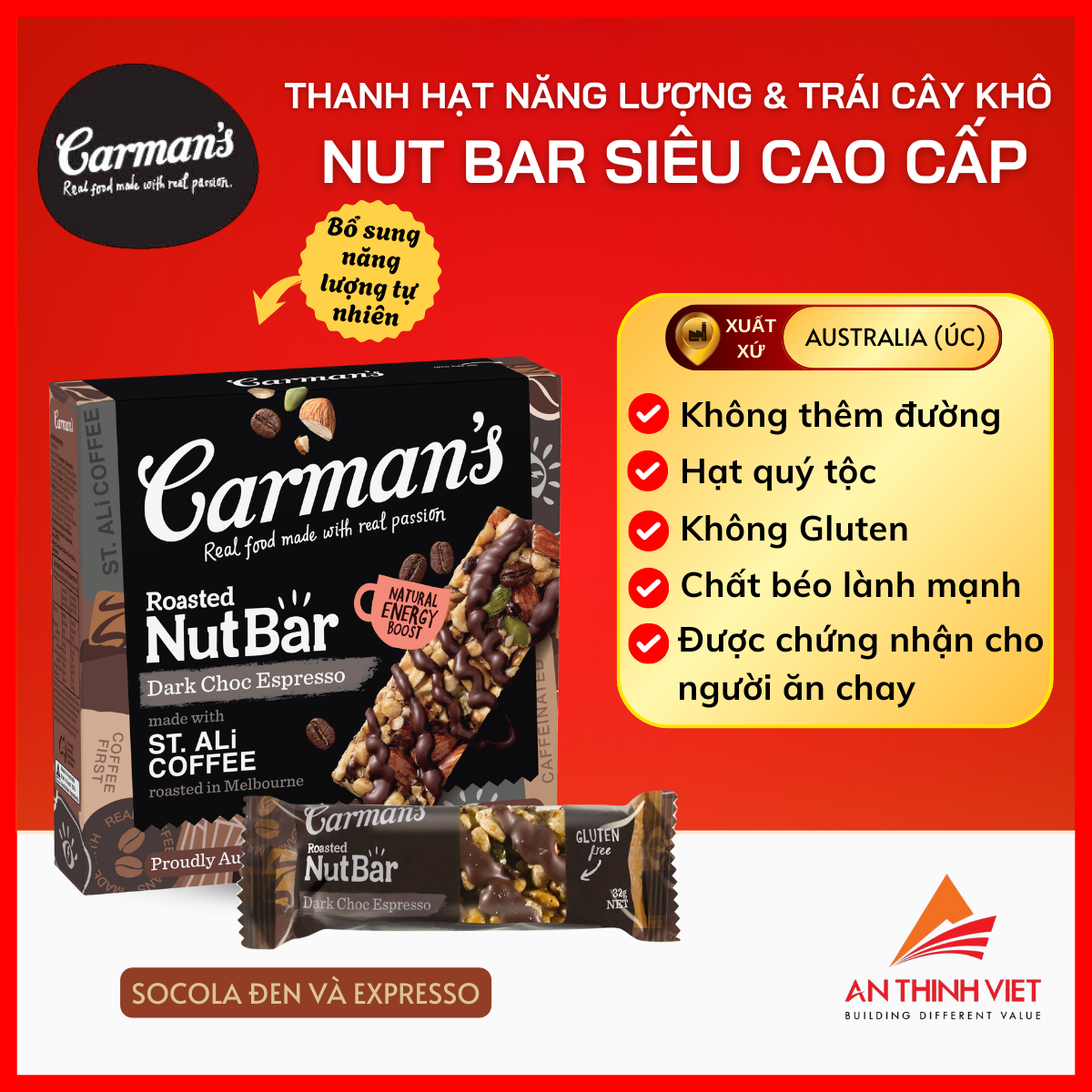Hộp 160gr - Thanh Hạt Ăn Kiêng Giàu Năng Lượng Vị Socola Đen & Cà Phê Espresso - CARMAN'S - Nhập Khẩu Từ Úc