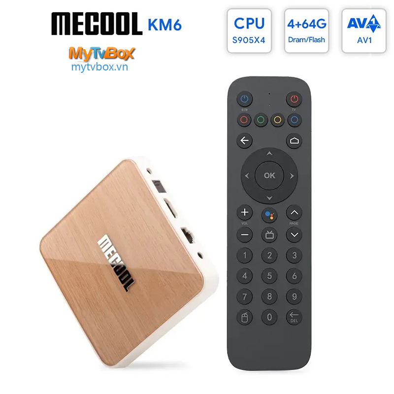 Tv box mecool km6 deluxe 4gb / 64gb, rom android tv 10.0 chính chủ, amlogic s905x4, wifi 6: 2.5g + 5g, lan 1000m