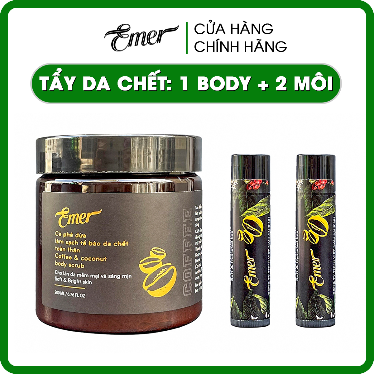 Gồm 1 Cà phê dừa tẩy tế bào da chết body Emer Garin 200ml và 2 Son tẩy da chết môi Emer Garin 5g