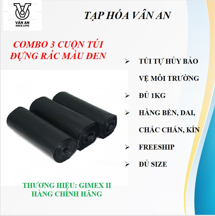 Combo 3 cuộn túi đựng rác màu đen size tiểu, trung, đại loại bền chắc dẻo dai thương hiệu GIMEX II