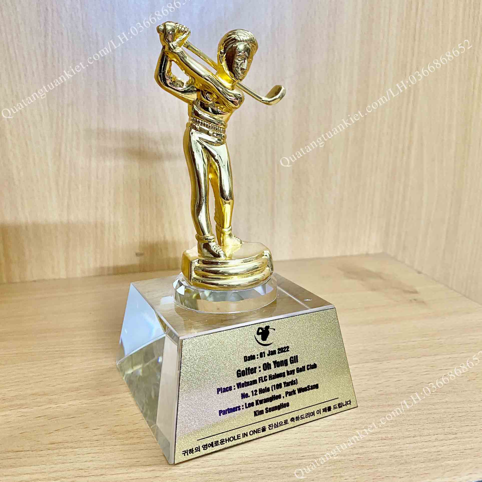 Cúp pha lê golf người kim loại mạ vàng