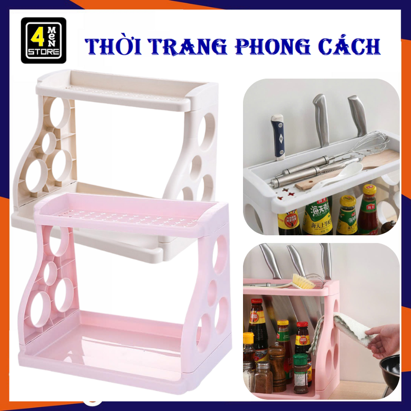 Kệ Đựng Gia Vị 2 Tầng Kèm Cài Dao Bằng Nhựa Cao Cấp - Kệ Đựng Đồ Dùng Nhà Bếp Tiết Kiệm Không Gian - Kệ Nhựa 2 Tầng Đa Năng Siêu Xinh , Giá Để Đồ , Kệ Mỹ Phẩm