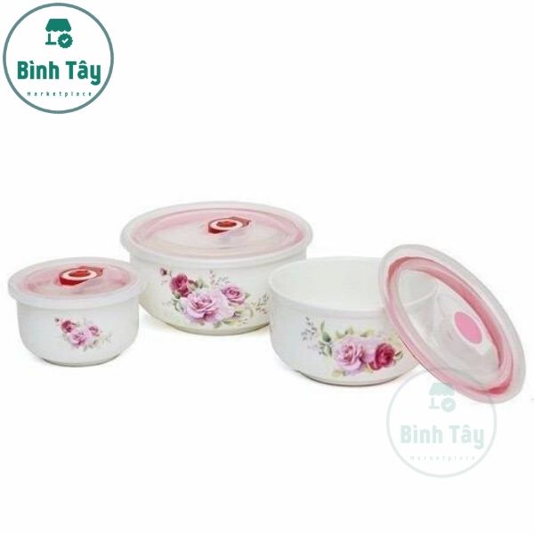 [HCM]Bộ 3 thố sứ - bát sứ tô sứ chén sứ có nắp đậy bảo quản thức ăn hút chân không dùng cho lò vi sóng BT-3T039
